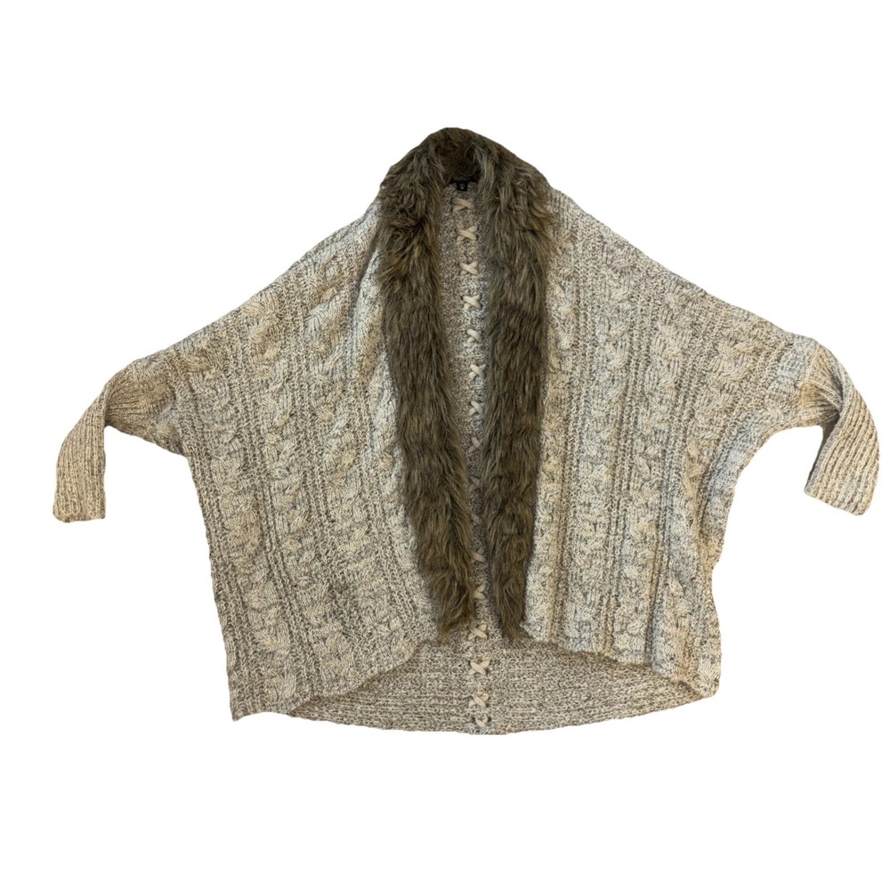 Xoxo Sweater Sz M Open Front Chunky knit Cardigan Faux Fur Boho Whimsigot LaceUp